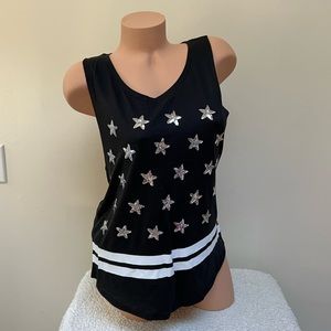 Victoria’s Secret PINK Black Silver Sequin Bling Stars Tee Shirt Tank Top USA S